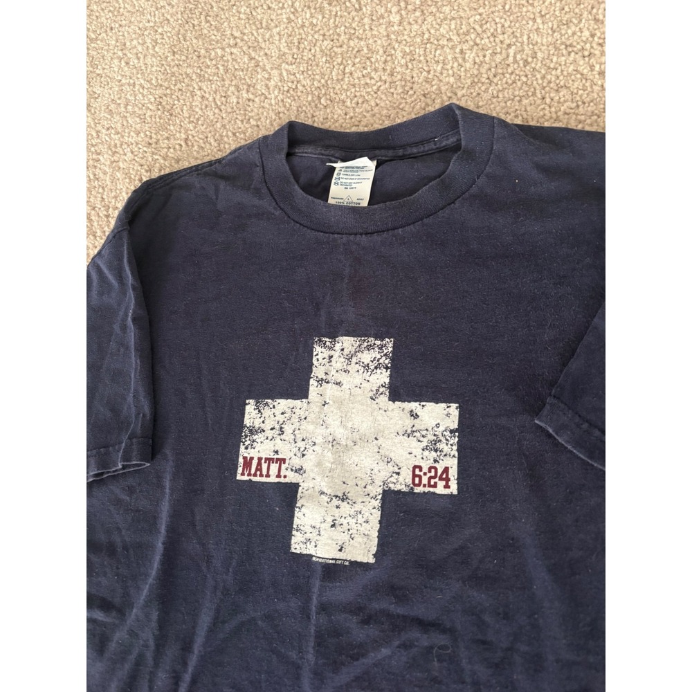 Vintage Gildan Mens Navy Blue Matthew 6:24 Christian Cross Graphic T-Shirt L